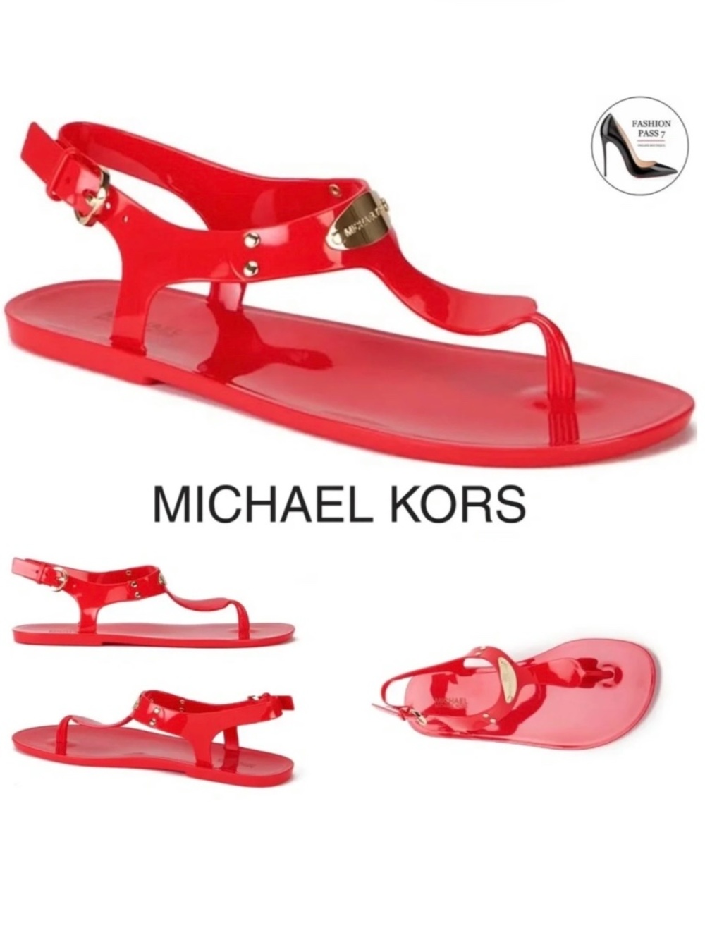 MICHAEL KORS Women's MK Gold Plate Logo Red Coral Reef Flat Thong Jelly Sandal 6